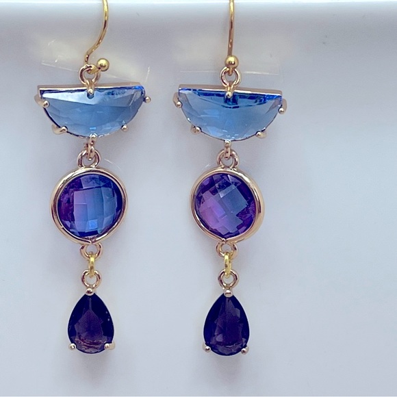 Blue and Purple Half Circle Round Teardrop Glass Dangle Earrings - Picture 1 of 3
